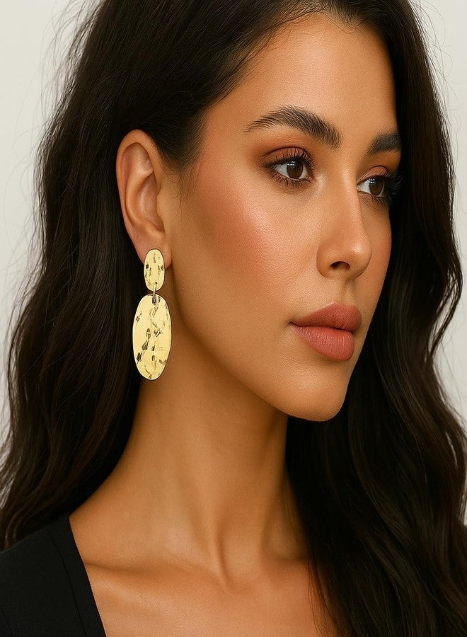 ZENCHEER Chunky Irregular Geometry Clip On Earrings for Women, Matte Gold/Silver Retro Oval Dangle Drop Clip Earrings Non Pierced Clips Stetement Jewelry Gifts (Gold) - Image 4